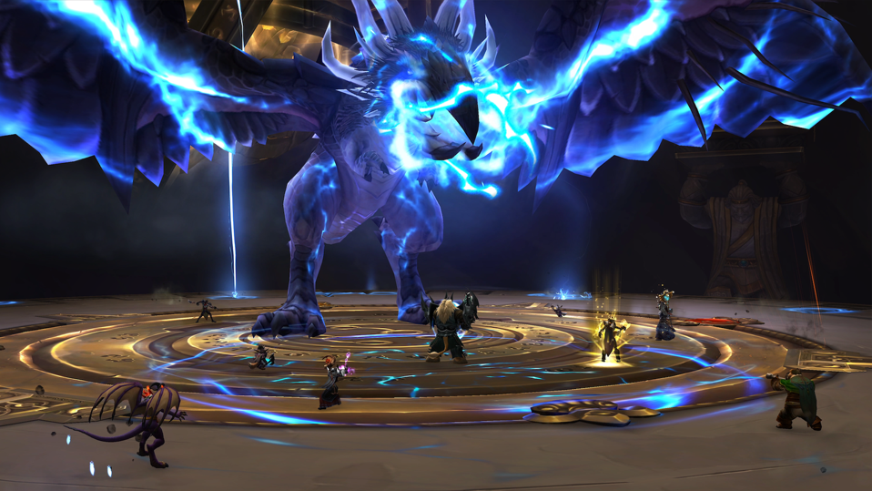 Players fighting Raszageth the Storm-Eater, a massive dragon boss in World of Warcraft