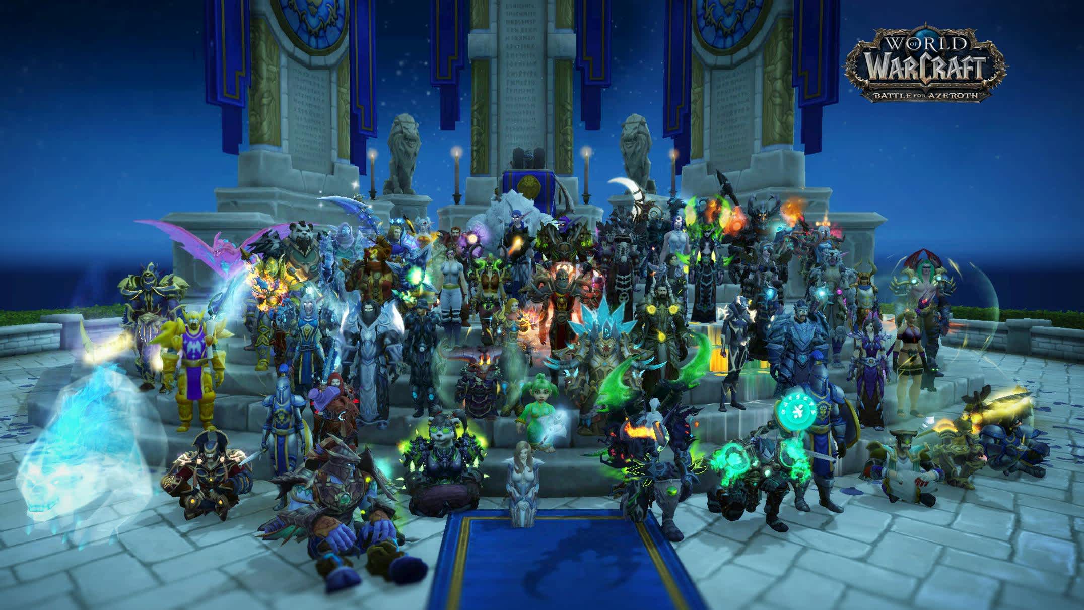 An image of a group of players standing on a throne